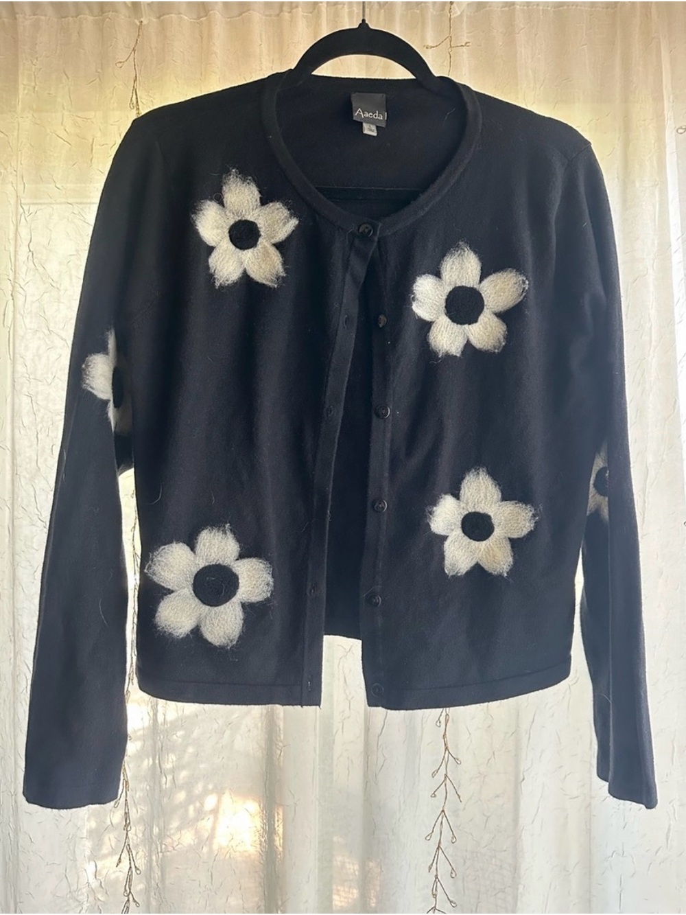 Aaeda Black Floral Appliqué Crewneck Cardigan